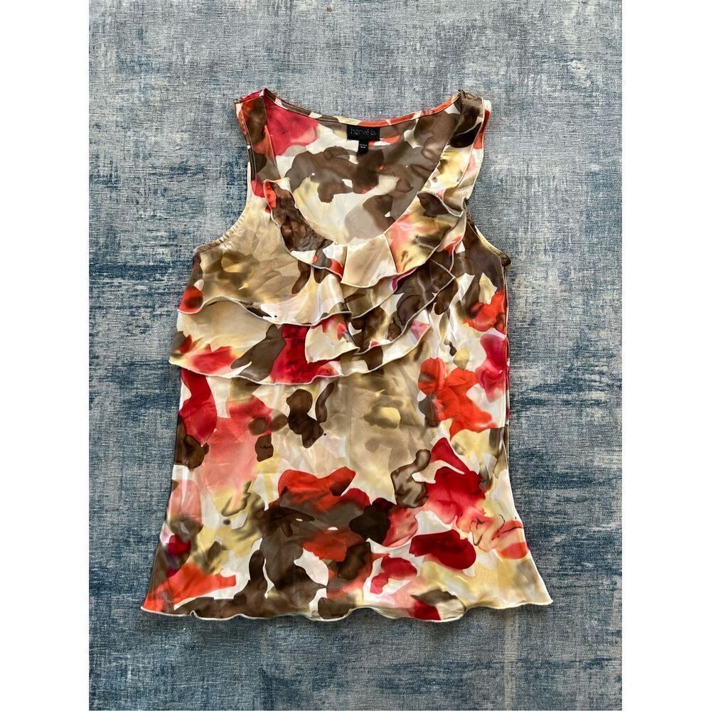 Harve B Red Cream Tan Floral Ruffled Satin Sleeveless Blouse Medium